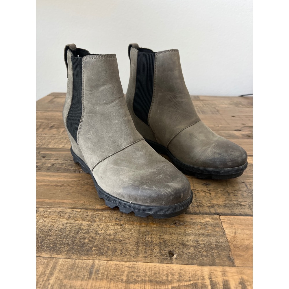 Sorel Joan of Arctic Wedge II Chelsea Boots Quarry Grey Leather NL3022-052 7.5